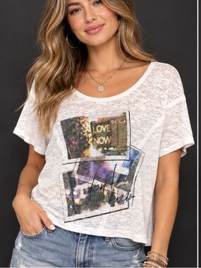Mudd Love Now Burnout Graphic Tee White Sheer Crop Top Small Y2K Boho Casual